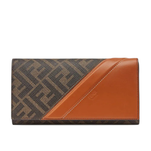 FENDI/芬迪 CONTINENTAL系列 FF图案织物面料拼接棕色小牛皮长款钱包7M0264AFB4F1DZA