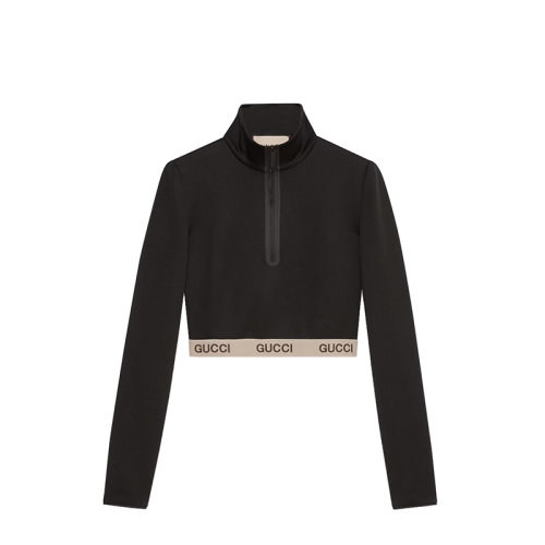 GUCCI/古驰 22秋冬款 The North Face联名系列 女士黑色棉质混纺饰有刺绣LOGO标志拉链开合短款针织上衣?672399XJDS61082