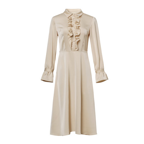 GeleiStory/GeleiStory 早春新款仿醋酸连衣裙气质优雅中长款木耳边单排扣高腰大摆裙 女装＞女士裙装＞女士连衣裙