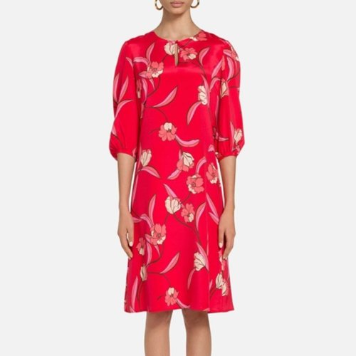 St.John/盛蔷女士红色桑蚕丝碎花圆领中袖女士连衣裙K11ZW01