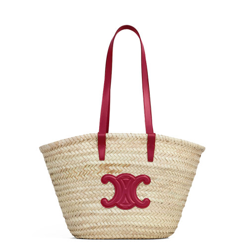 CELINE/赛琳 22新款CLASSIC TRIOMPHE系列 女士中号原色棕榈叶配胭脂红小牛皮细节单肩斜跨手工编织篮子包192622CGG.27CA