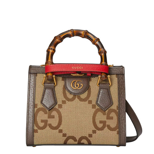 GUCCI/古驰 22春夏新款Diana系列 女士迷你驼色/乌木色老花帆布配棕色皮革竹节提手配红色饰带金扣单肩斜挎手提包 655661UKMFT2672