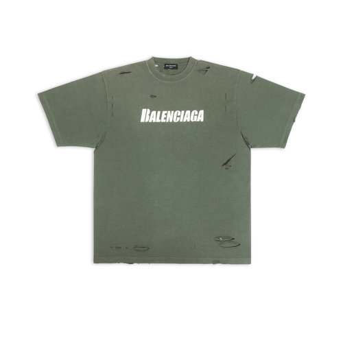 Balenciaga/巴黎世家 22年早春新款 DESTROYED系列 男女同款绿色纯棉撕裂破洞做旧设计宽松版型短袖T恤651795TKVB83011
