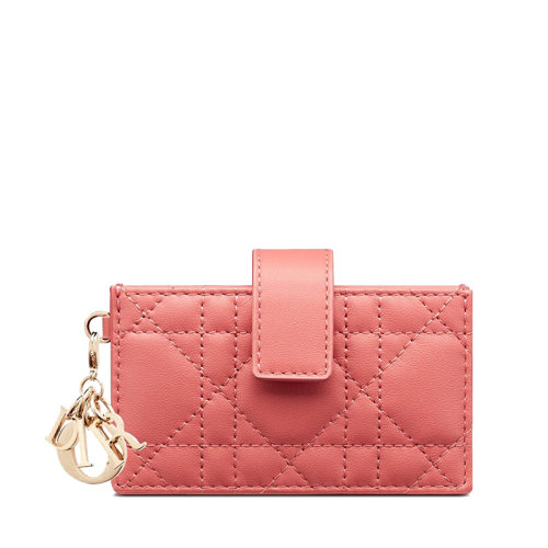 DIOR/迪奥 22新款LADY DIOR系列 女士灰珊瑚粉色藤格纹小羊皮风琴卡包卡片夹S0074ONMJ_M76P