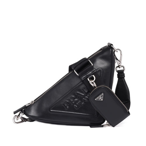 PRADA/普拉达  女士黑色皮革拉链开合附可拆卸可调徽标印花织物肩带皮革拉链小袋三角形手袋斜跨单肩包1BH190_2BYA_F0002_V_BRO