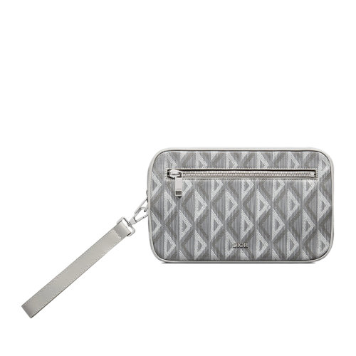 DIOR/迪奥 22春夏新款 男士灰色CD Diamond图案帆布光滑牛皮革拉链手拿包洗漱包2ESCA340DCO_H42E