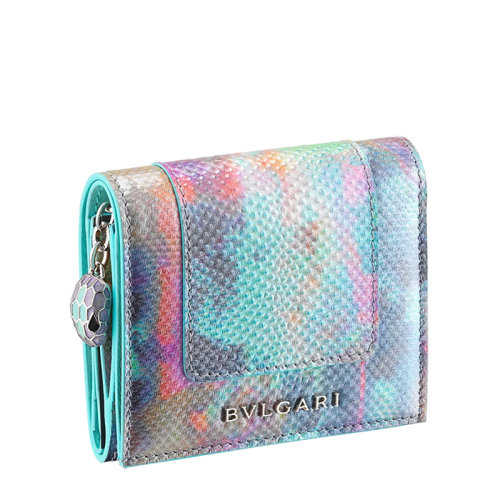 BVLGARI/宝格丽 SERPENTI FOREVER系列 女士彩色水蛇皮浅蓝色小牛皮内衬三折钱包291160