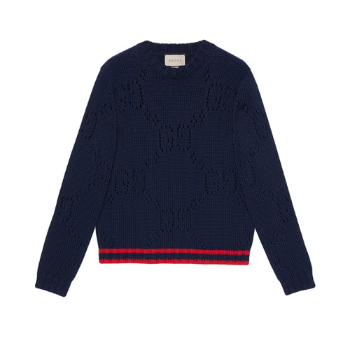 GUCCI/古驰 22年春夏新款 男士深蓝色纯棉饰放大老花图案织带针织衫毛衣?692157XKCBA4668