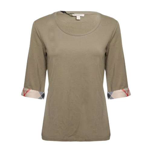 BURBERRY/博柏利 女士墨绿色棉质简约五分袖圆领短袖T恤格纹饰边