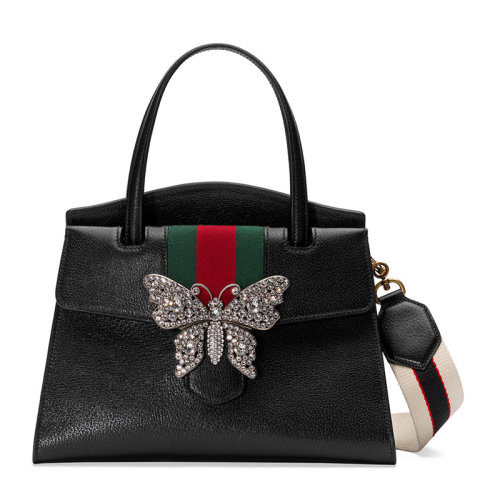 GUCCI/古驰 Totem系列女士中号黑色皮革红绿织带水晶金属蝴蝶 手提包单肩包斜挎包女包 505342-CWGEX-8478