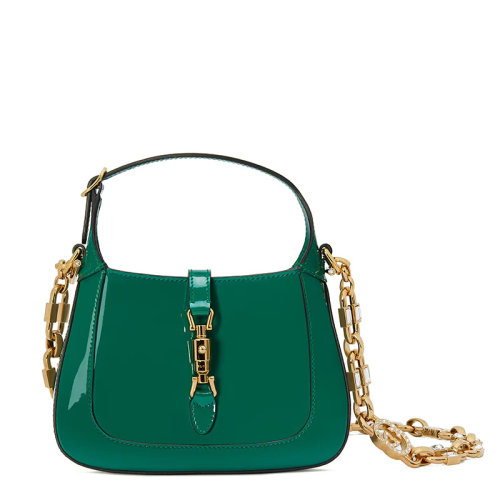 GUCCI/古驰 22新款Jackie 1961系列 女士迷你绿色漆皮金扣配水晶互扣式双G可拆卸链式肩带单肩斜跨手提包6996511J7CG3386