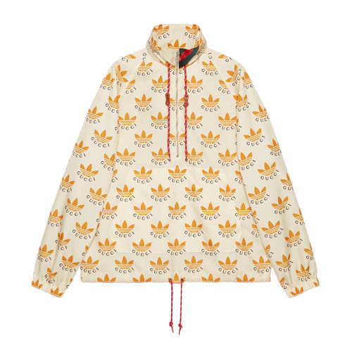 GUCCI/古驰 22年秋冬新款 adidas联名系列 男士象牙色/棕色尼龙帆布三叶草印花夹克外套696651Z8A2I9233