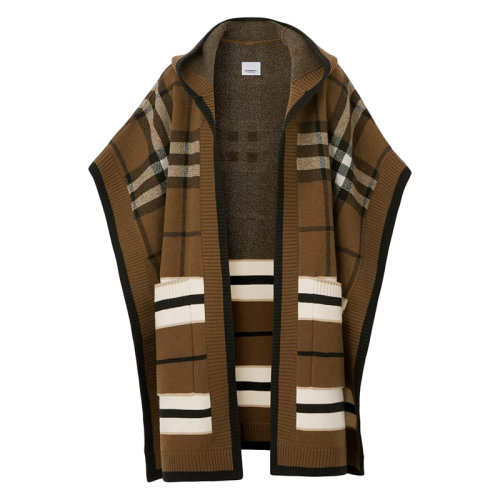BURBERRY/博柏利 22年早春新款 女士暖胡桃色羊毛羊绒混纺格纹连帽斗篷80517801