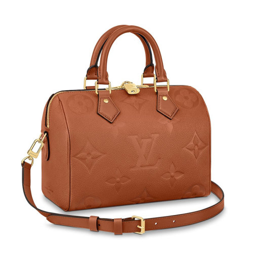 Louis Vuitton/路易威登 22新款SPEEDY 25系列 女士干邑白兰地色（淡土黄色）徽标老花压纹皮革金扣单肩斜跨手提包M46136