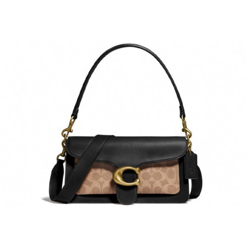 COACH|蔻驰 TABBY 26 中号 酒神包 老花帆布牛皮革经典C字标识 单肩斜挎腋下包 女款 黑色拼棕色老花