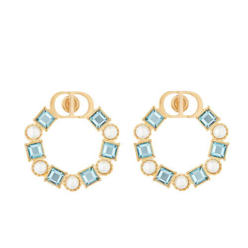 Dior/迪奥 22春夏新款PETIT CD系列 女士金色饰面金属饰白色树脂珠和淡蓝色透明水晶CD圆形耳环 E1858PTCCY_D457