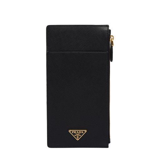 PRADA/普拉达 22年新款 女士黑色Saffiano皮革三角金标垂直款卡夹1MB025_QHH_F0002