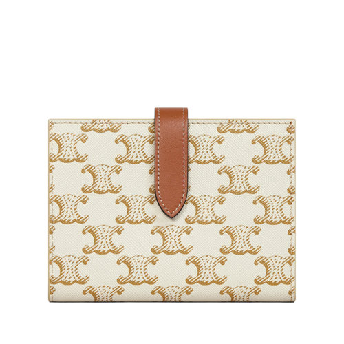 CELINE/赛琳  中号白色凯旋印花涂层帆布黄褐色小羊皮饰边钱包10B642DB7.01TA