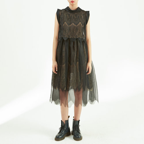 nisiss/怡夕蕾丝里布网纱叠透连身裙女士连衣裙N151AO04