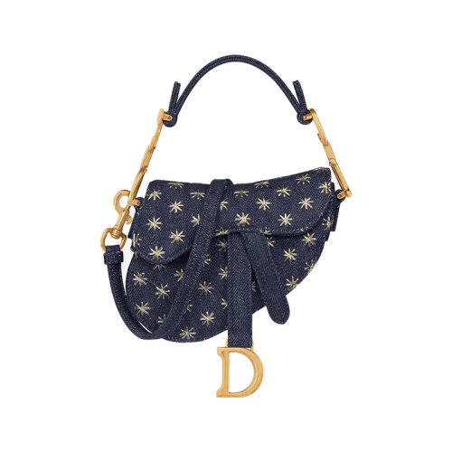 DIOR/迪奥 23新款 女士蓝色牛仔布金色星星刺绣马鞍形翻盖开合拆卸调节肩带单肩手提斜挎马鞍包S5685CDNB_M49E