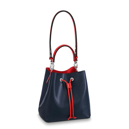 Louis Vuitton/路易威登 经典款NEONOé系列 女士靛蓝色水波纹粒面牛皮革饰红色皮革细节银扣单肩斜跨手提抽绳水桶包M54367