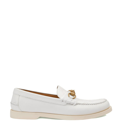 GUCCI/古驰 22年春夏新款 爱的进行曲系列 男士白色皮革拼大老花帆布马衔扣乐福鞋695049UPG509000