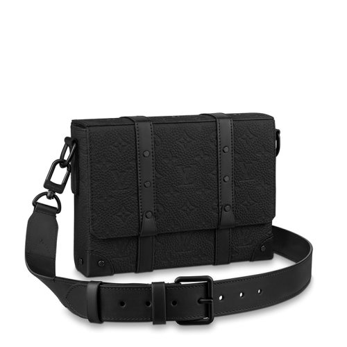 Louis Vuitton/路易威登 22春夏新款TRUNK系列 男士黑色老花压印皮革牛皮饰边黑扣配可拆卸肩带单肩斜挎方形邮差包M57726