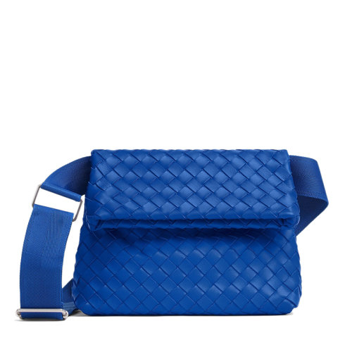Bottega Veneta/葆蝶家 经典FOLD系列 男士蓝色牛皮革织物肩带Intrecciato编织单肩斜挎包667283V0E524256