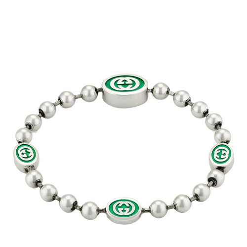 GUCCI/古驰 22春夏新款 银色925纯银珠链饰绿色珐琅互扣式双G徽标链式手链 701609J84108414