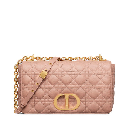 DIOR/迪奥  CARO系列 女士大号玫瑰粉色柔软牛皮革藤格纹CD扣翻盖斜挎单肩链条包M9243UWHC_M49P