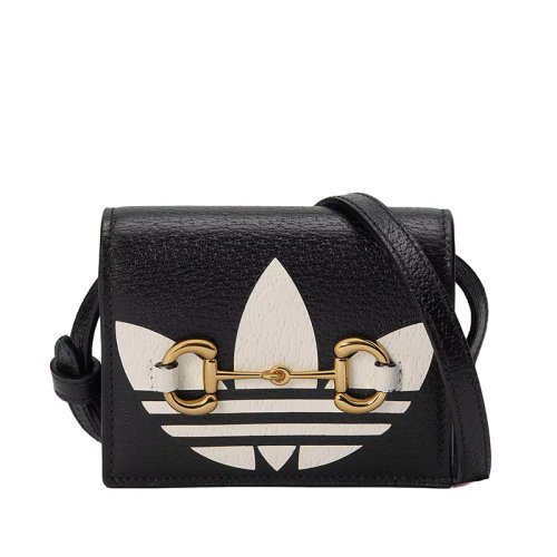 GUCCI/古驰 22新款阿迪达斯联名系列 女士黑色米白色皮革三叶草印花金属马衔扣细节斜挎手拿卡包卡片夹?702248DJ24G1057