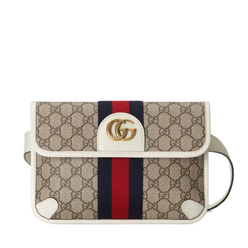 GUCCI/古驰 22春夏新款Ophidia系列 男士米色/乌木色老花帆布白色皮革滚边红蓝织带装饰金扣腰包67408196IWT9794