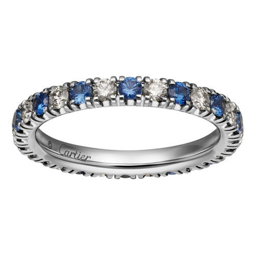 CARTIER/卡地亚 ALLIANCE ETINCELLE系列 18K金铂金蓝宝石 镶有14颗0.45克拉明亮式切割钻石和14颗0.63克拉明亮式切割蓝宝石 结婚求婚订婚戒指B4232100