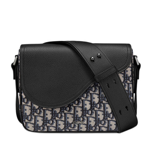 DIOR/迪奥 BESACE SADDLE系列 男士迷你米色黑色Oblique提花帆布黑色粒面小牛皮单肩斜挎马鞍包1ADME130YKS_H27E