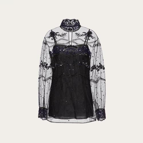  VALENTINO华伦天奴 22年秋冬 女士 长袖衬衫 TOP BRODé TULLE ILLUSIONE 1B0AE7261ED0NO