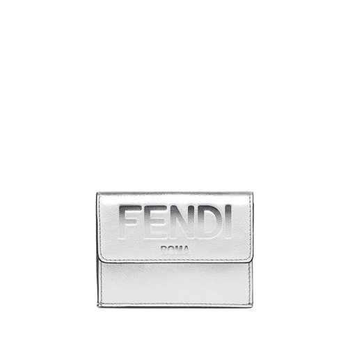 FENDI/芬迪 22春夏新款 女士银色层压小牛皮紧凑型三折徽标印花钱包8M0395AK61F0RXT