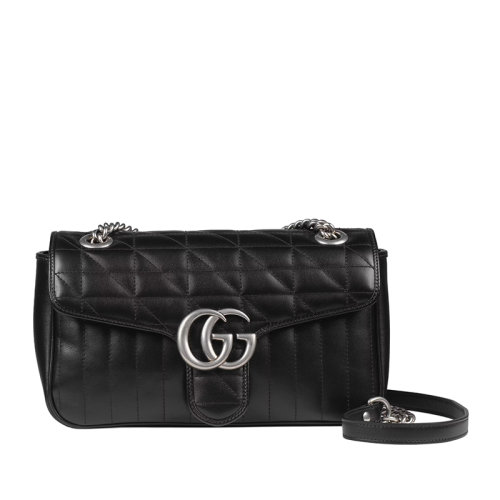 GUCCI/古驰  GG Marmont系列 女士小号黑色绗缝皮革复古银饰双G翻盖斜挎单肩包?443497UM8AN1000