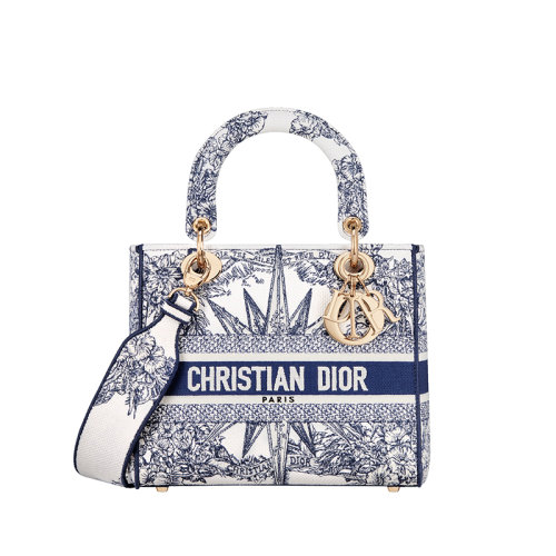 DIOR/迪奥 23新款 LADY D-LITE系列 女士中号白色帆布蓝色刺绣淡金色金属吊饰拆卸宽肩带手提斜挎包M0565ORVX_M933