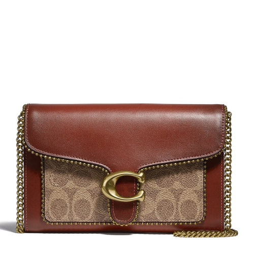 COACH/蔻驰 Tabby系列女士拼色涂层帆布/配皮经典双C字母徽标印花图案珠链饰边按扣开合单肩包斜挎包手拿包钱包女包 6909B4NQ4