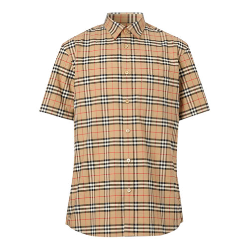 BURBERRY/博柏利 短袖小格纹弹力棉衬衫 男士短袖衬衫