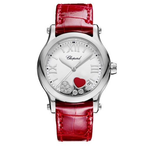 Chopard/萧邦 HAPPY HEARTS系列 石英表镶钻红宝石白盘红色鳄鱼皮表带女表36毫米278582-3005