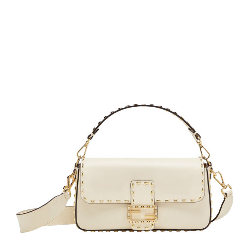 FENDI/芬迪 20  BAGUETTE系列 女士中号白色小牛皮翻盖FF搭扣金属针脚单肩斜挎手提包8BR600AHMQF1FIR
