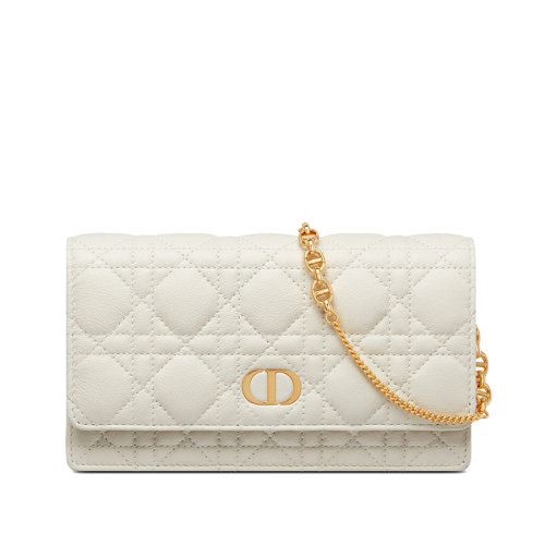 DIOR/迪奥 22新款Caro系列 女士白色藤格纹小牛皮CD金扣配可拆卸金链单肩手提手拿链条钱包S5134UWHC_M030