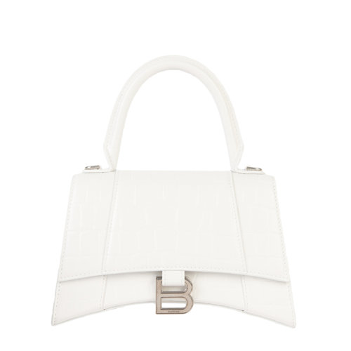 Balenciaga/巴黎世家 21新款HOURGLASS系列 女士小号白色鳄鱼压纹小牛皮复古金属扣单肩斜挎手提沙漏包5935461LRGM9016