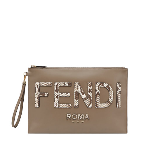 FENDI/芬迪 20  女士大号棕色小牛皮拉链封口蟒蛇皮徽标手拿包8N0178AHMJF1FEN