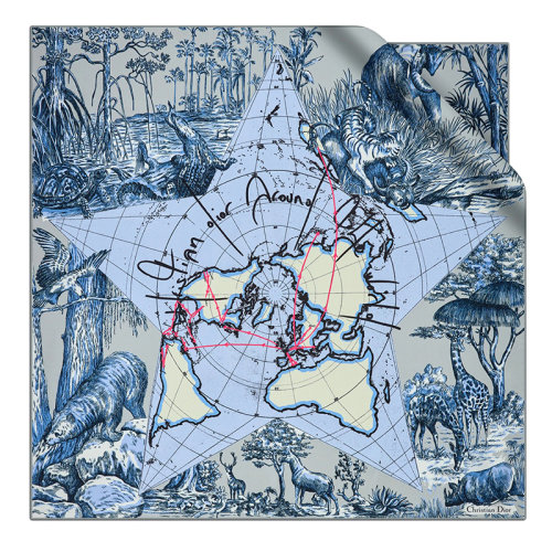 DIOR/迪奥新款 AROUND THE WORLD系列 女士灰色和蓝色斜纹真丝方巾15DAW090I604_C805