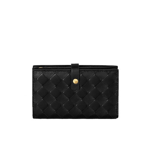 Bottega Veneta/葆蝶家 宝缇嘉女包 女士黑色皮质编织经典时尚按扣钱包钱夹 609070VCPP38648