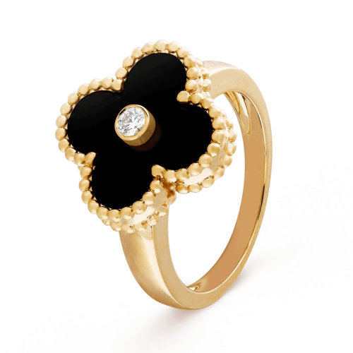 Van Cleef & Arpels/梵克雅宝 经典款Vintage Alhambra复古黑色玛瑙四叶草戒指 VCARA41000