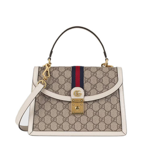 GUCCI/古驰 22春夏新款Ophidia系列 女士小号米色老花帆布白色皮革滚边红蓝织带细节金扣单肩手提包65105596IWX9794