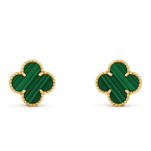 Van Cleef & Arpels/梵克雅宝 经典Vintage Alhambra系列 18K金黄金镶嵌绿色孔雀石四叶草耳钉